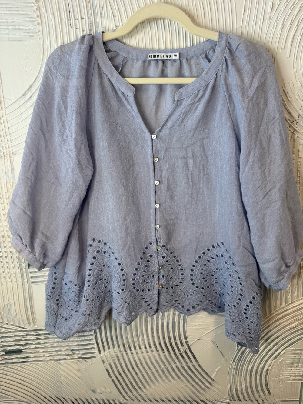 Fisher & Baker Pale Blue Eyelet Button-Front Linen Blouse